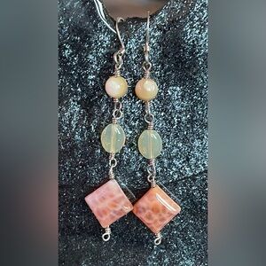 Fire Agate and Glass Handmade Dangle Earrings